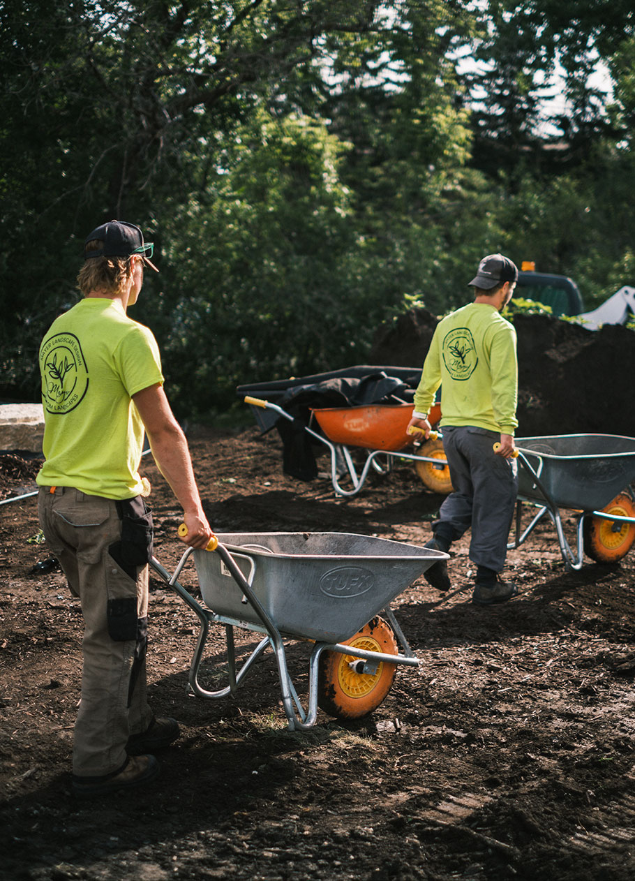 Landscaping crew moving soil. 