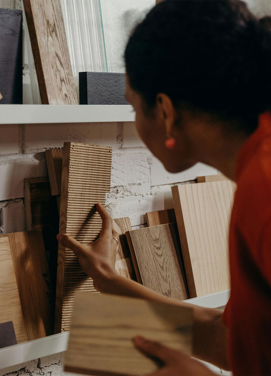 Design coordinator picking out floor samples for a client. 